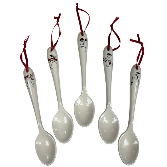 Williams-Sonoma Set 5 Snowman Spoons Red Ribbon 2006 Ornaments Holiday Christmas - Picture 1 of 2